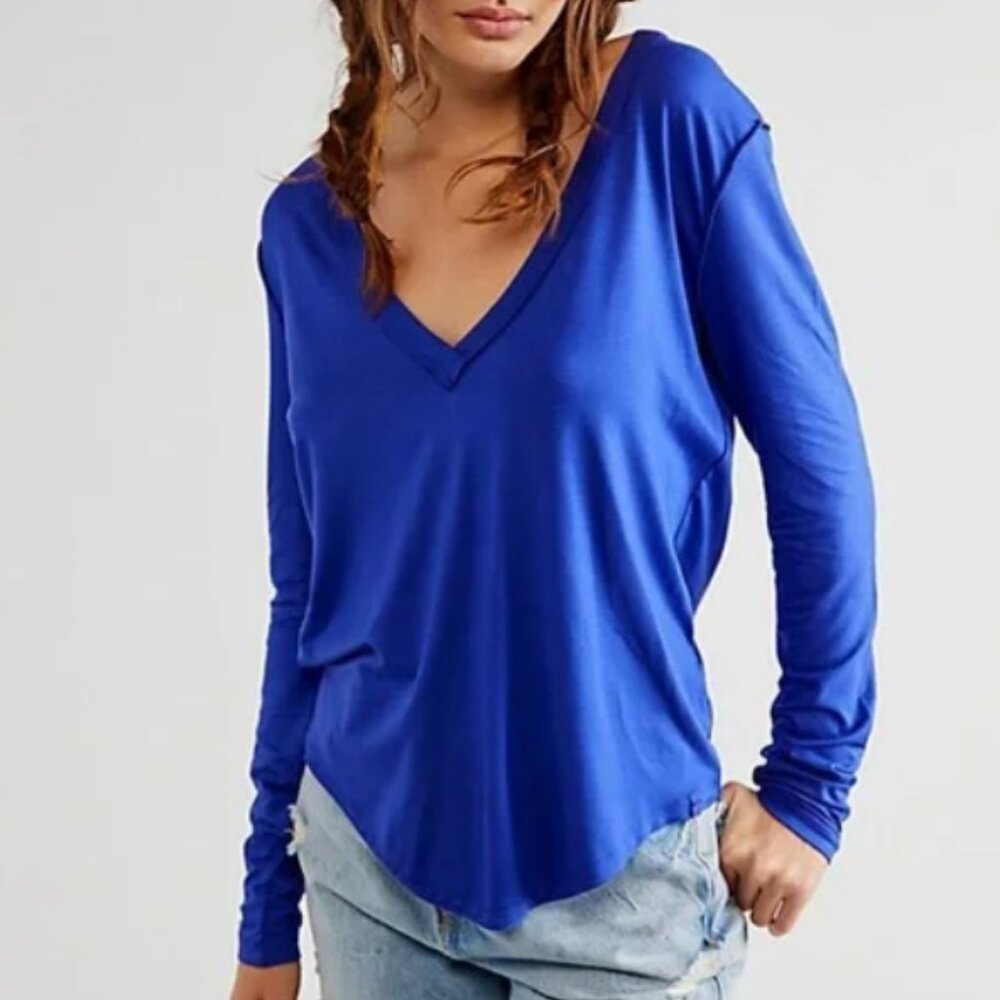 Free People Moon Dance Long Sleeve Purple Deep V- Neck Top Size Medium